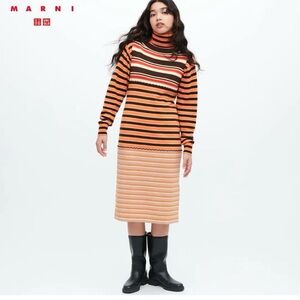 Marni x Uniqlo Orange, Black & Cream Striped sleeveless Midi Dress
